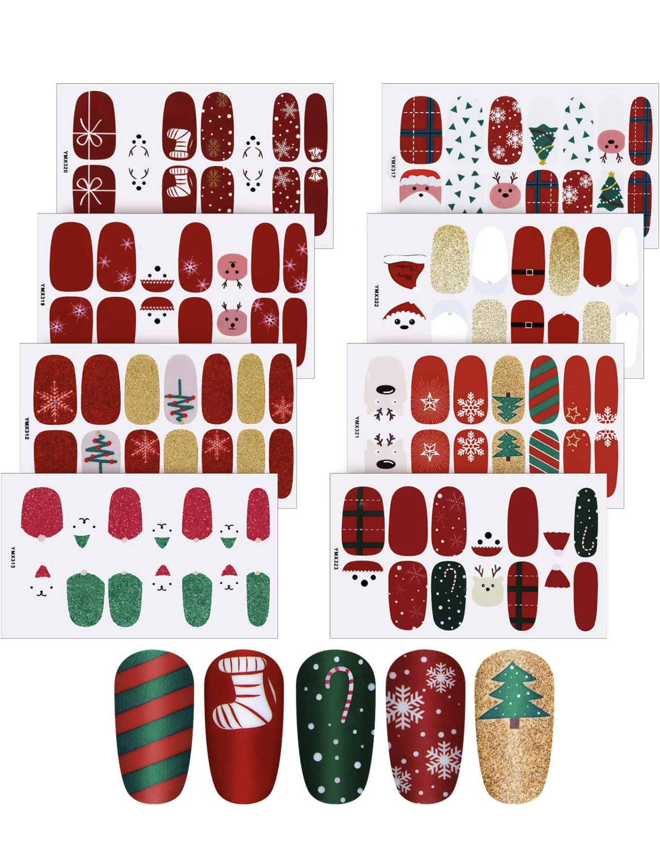 8 Sheets Christmas Nail Stickers Strip Nail Polish Stickers Full Nail Wrap Adhesive Nail Decals with Deer Snowman Xmas Tree Design and Nail File for Women Christmas Nail Decoration (Classic Style) 